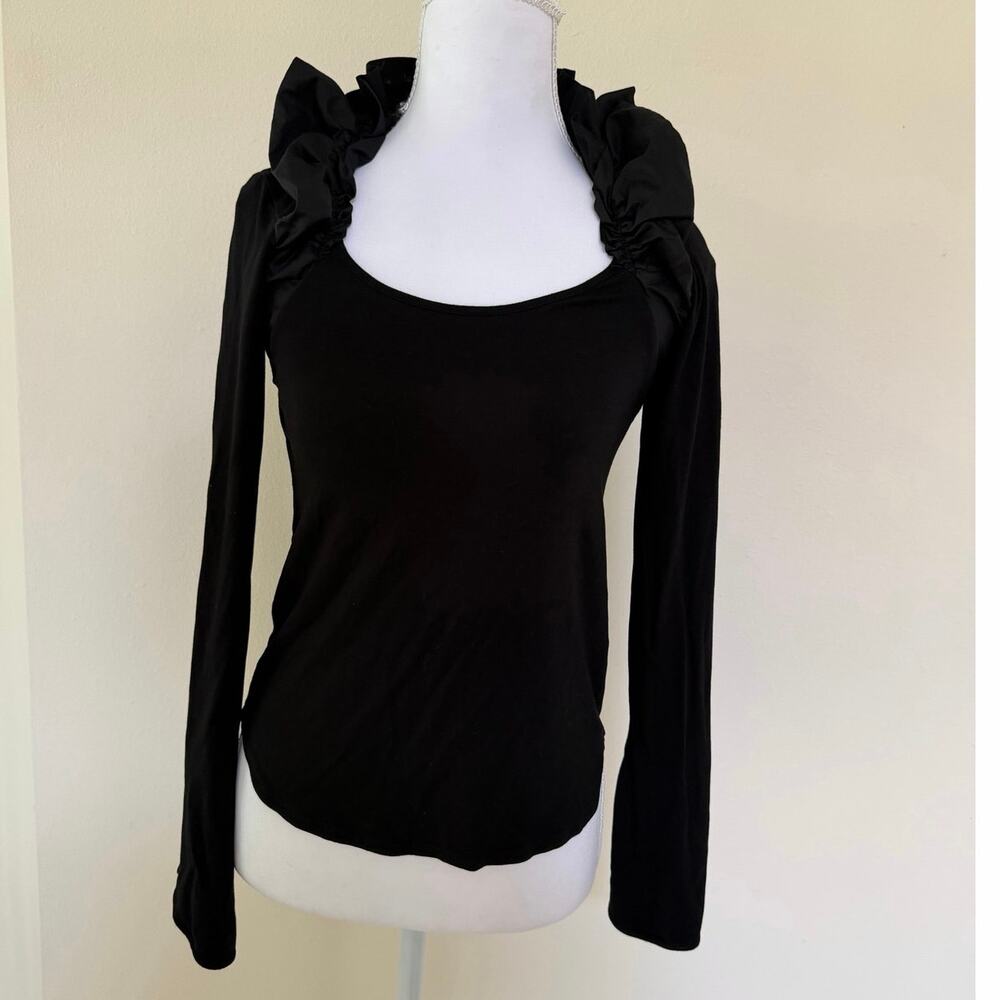 Copine Black Ruffled Stand Collar Architectural Knit Top with Script Back Tie 1